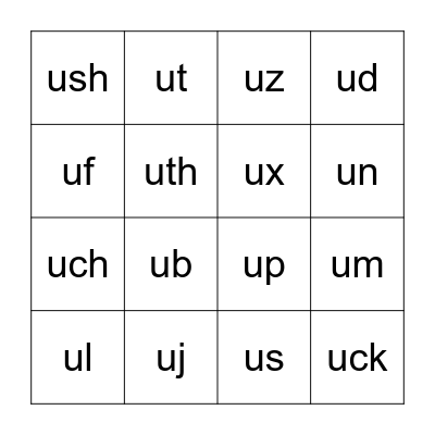 Short u vowel chunks Bingo Card