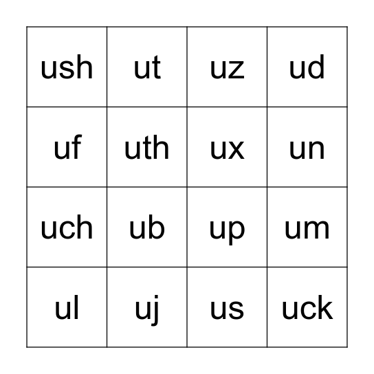 Short u vowel chunks Bingo Card