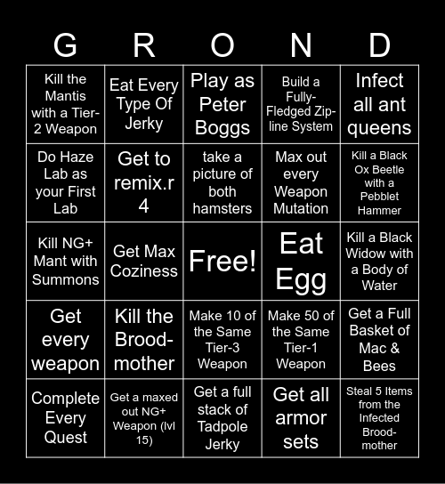 Grounded Bingo Card
