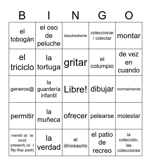 Bingo de Español Bingo Card