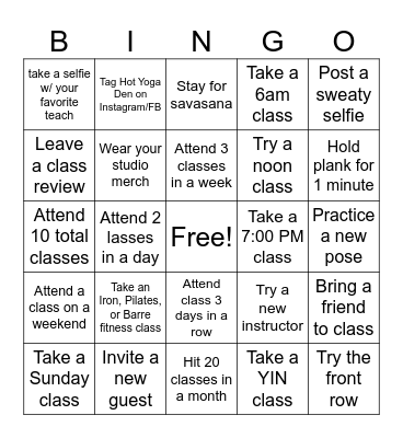 Summer Hot Yoga Den Bingo Card