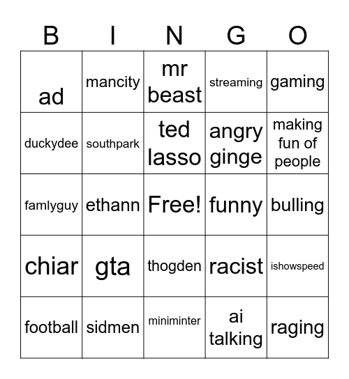 youtube short Bingo Card