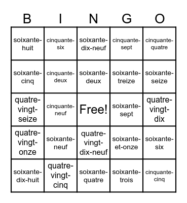 French Numbers 50-100 Bingo Card