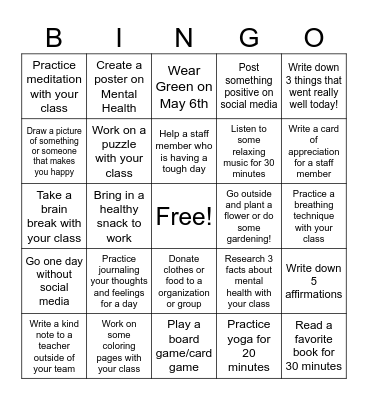 Mental Health Awareness Month Activities Bingo Card