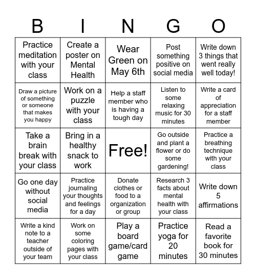 Mental Health Awareness Month Activities Bingo Card