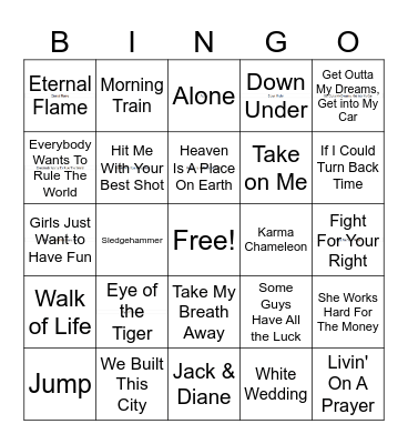 80s Night Bingo Card