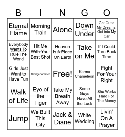 80s Night Bingo Card