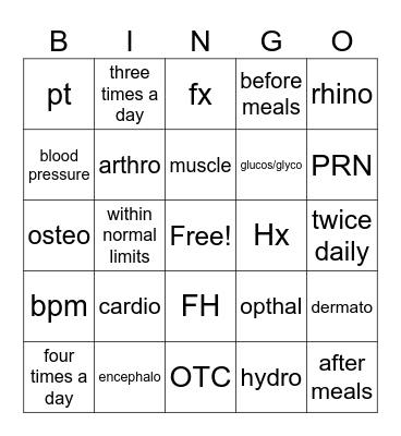Health Science Final Review Bingo Card