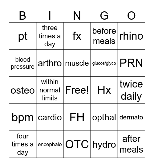 Health Science Final Review Bingo Card