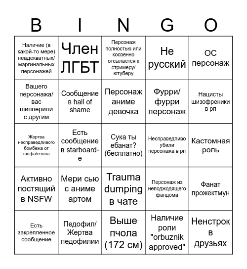 Андертейл рп бинго пушок Bingo Card