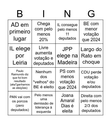 Bingo Legislativas 2025 Bingo Card