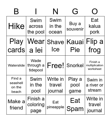 Kauai - Things to DO Bingo Card