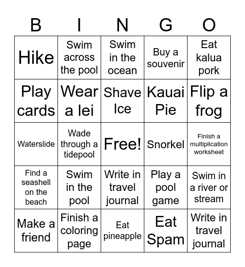 Kauai - Things to DO Bingo Card