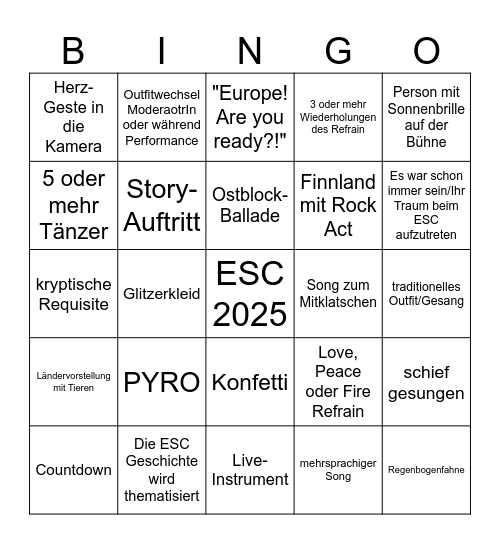 ESC 2025 Bingo Card