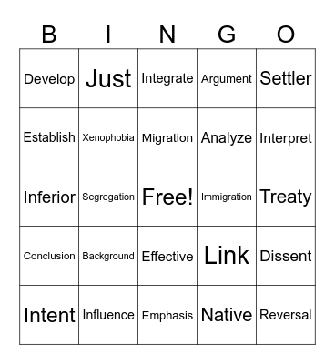 Vocabulary Bingo Card