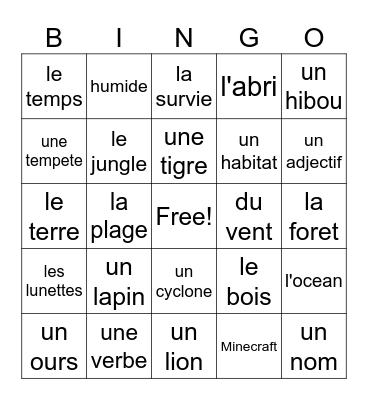 La defi de survie Bingo Card