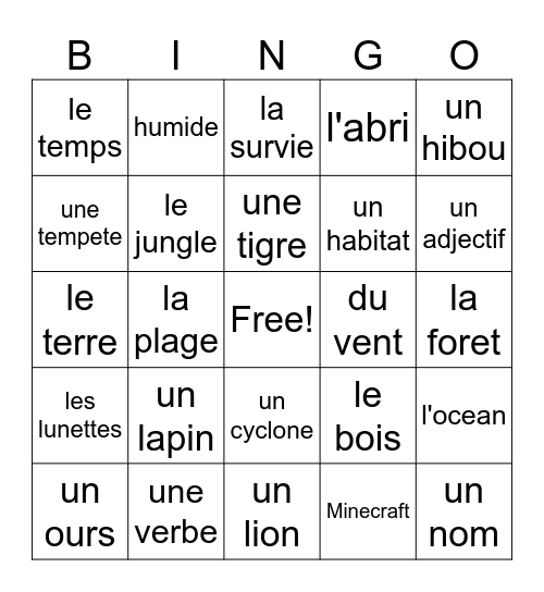 La defi de survie Bingo Card