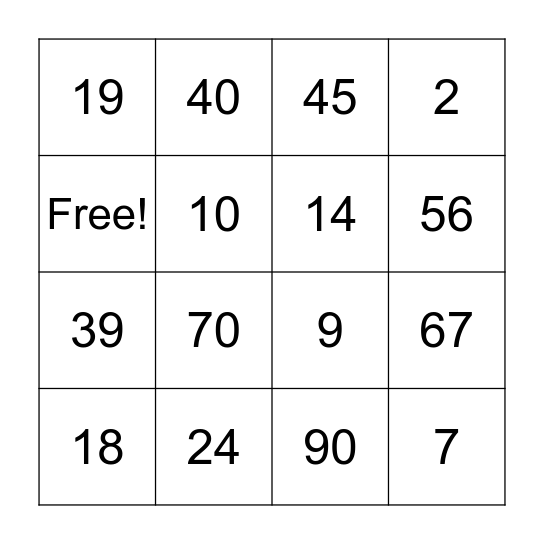 Number Bingo Card