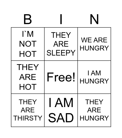 Verb "to be" + feelings Bingo Card