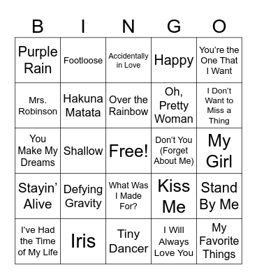 Hits From the Movies Bingo Card