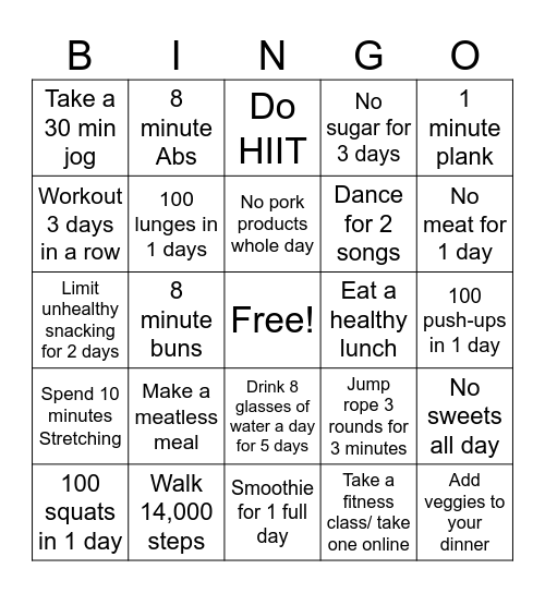 Bran/Toy Fitness Bingo Card