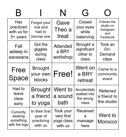 Blue Ridge Yoga Bingo! Bingo Card