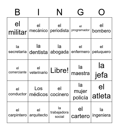 Las Profesiones Bingo Card