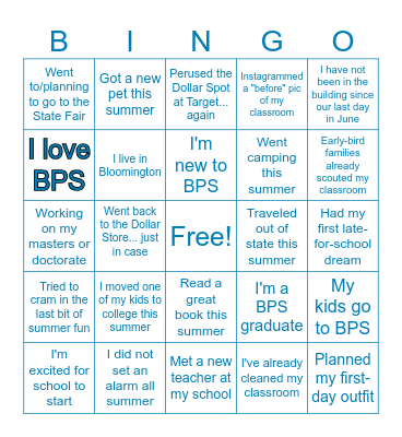 Welcome Back Bingo Card