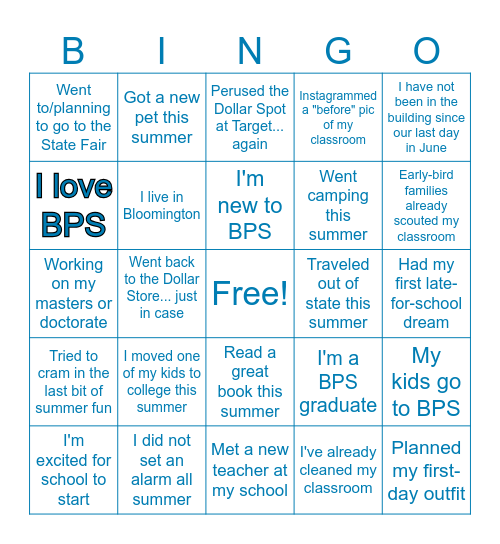 Welcome Back Bingo Card
