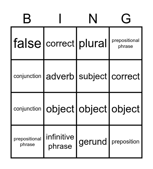 Grammar Review Bingo Card