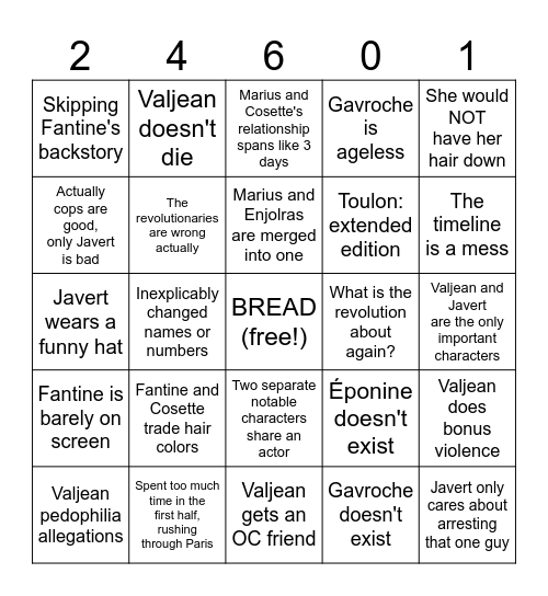 Les Misérables Adaptation Bingo Card