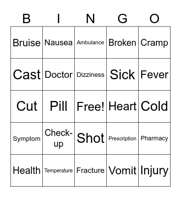 Health and Body Bingo Card