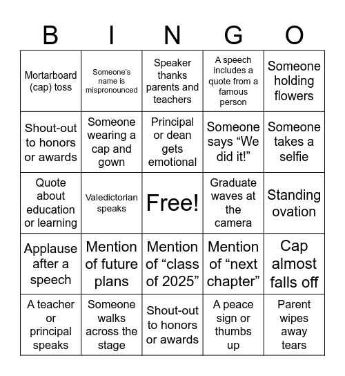 Dylan's Graduation Bingo Card
