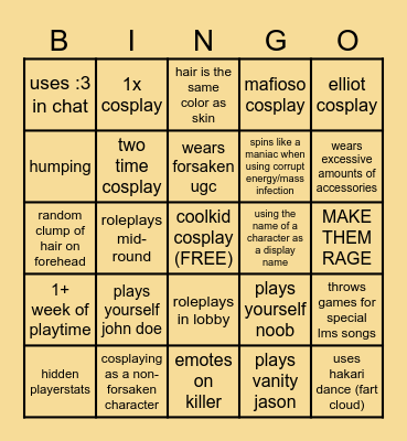 forsaken cosplayer bingo Card