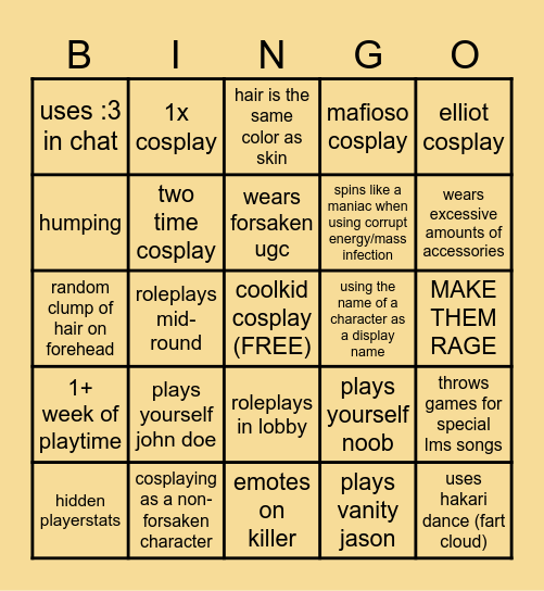 forsaken cosplayer bingo Card