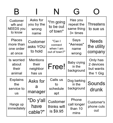 Aeneas customer calls bingo Card