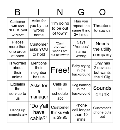 Aeneas customer calls bingo Card