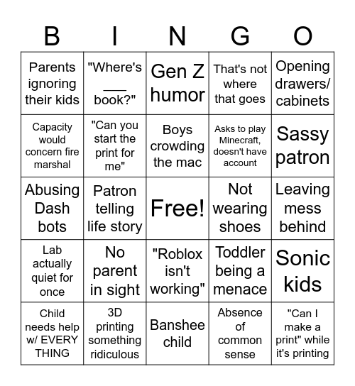 Creative Lab Shenanigans Bingo Card