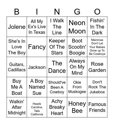 Country Music Singo Bingo Card