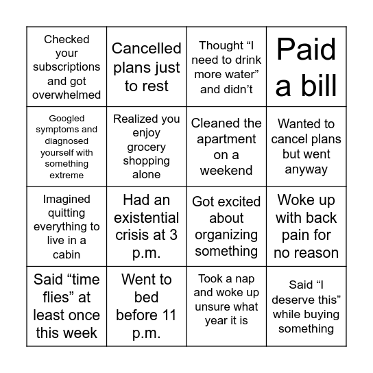 Adult Life Bingo Card
