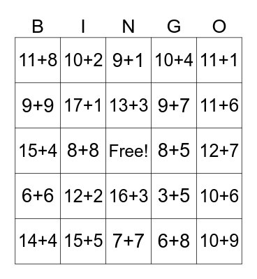 Addition within 20 Bingo Card