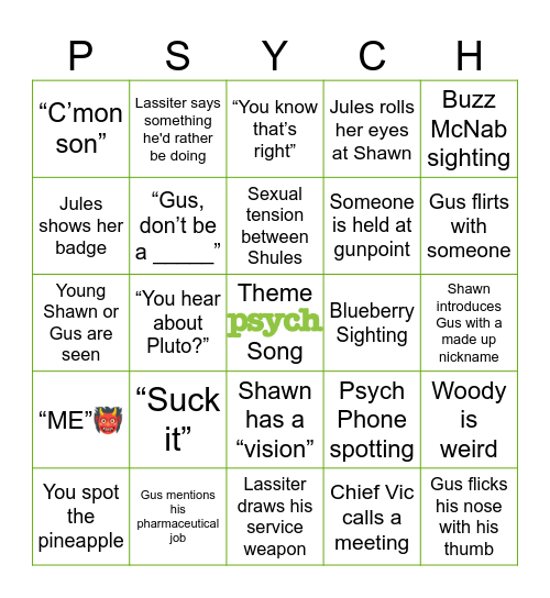 Psych Bingo Night Bingo Card