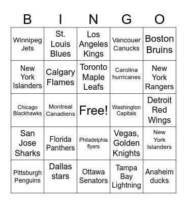 NHL Bingo Card