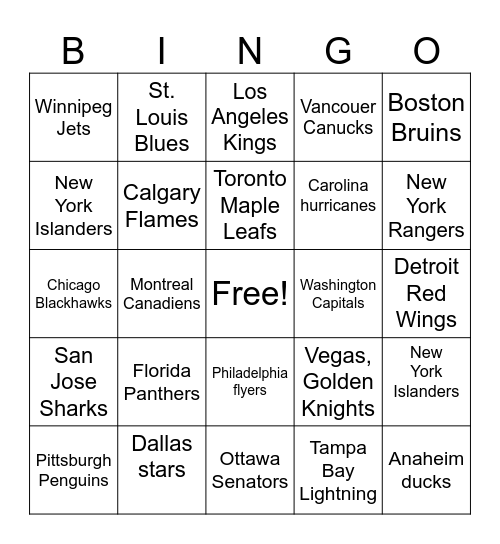 NHL Bingo Card