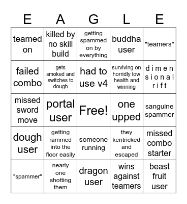 Blox Fruits PvP Bingo Card