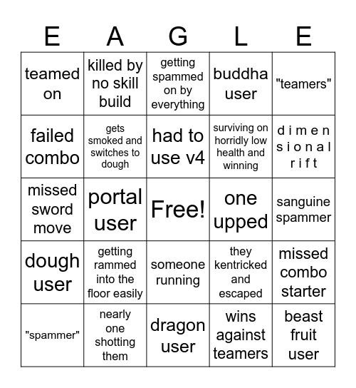 Blox Fruits PvP Bingo Card