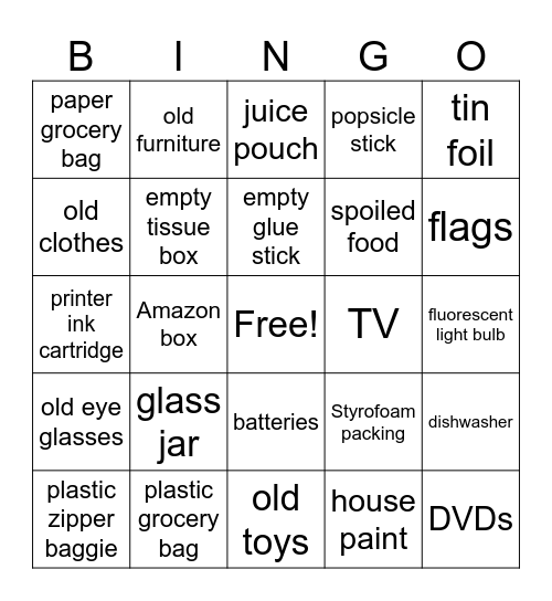 Where Does It Go? Bingo Card