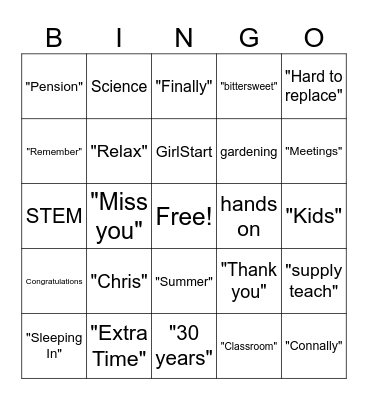 Teacher Retirement Bingo Card
