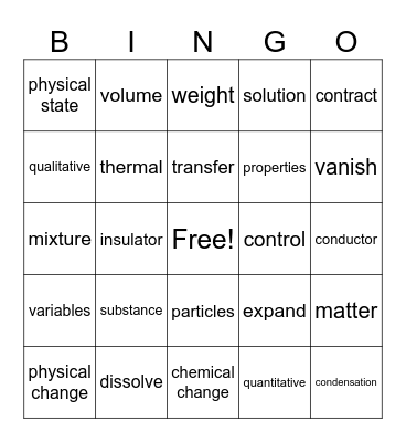 Matter Vocabulary Bingo Card