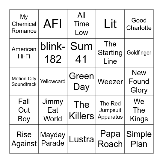 Pop Punk #1 Bingo Card